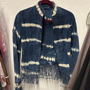 Suede Leather Navy Tie-Dye Fringe Jacket